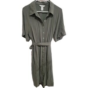 H&M Shirt Dress‎ Medium Olive Green 100% Viscose Button Up Midi Safari Tie Waist